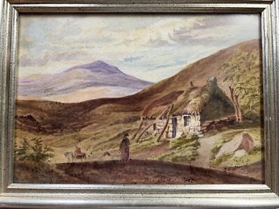 Antigua pintura acuarela cabaña rústica con techo de paja campo 8x11" Foto 1 de 4