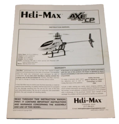 Heli-Max AXE CP Instruction Manual ONLY RC Helicopter - Image 1 of 2