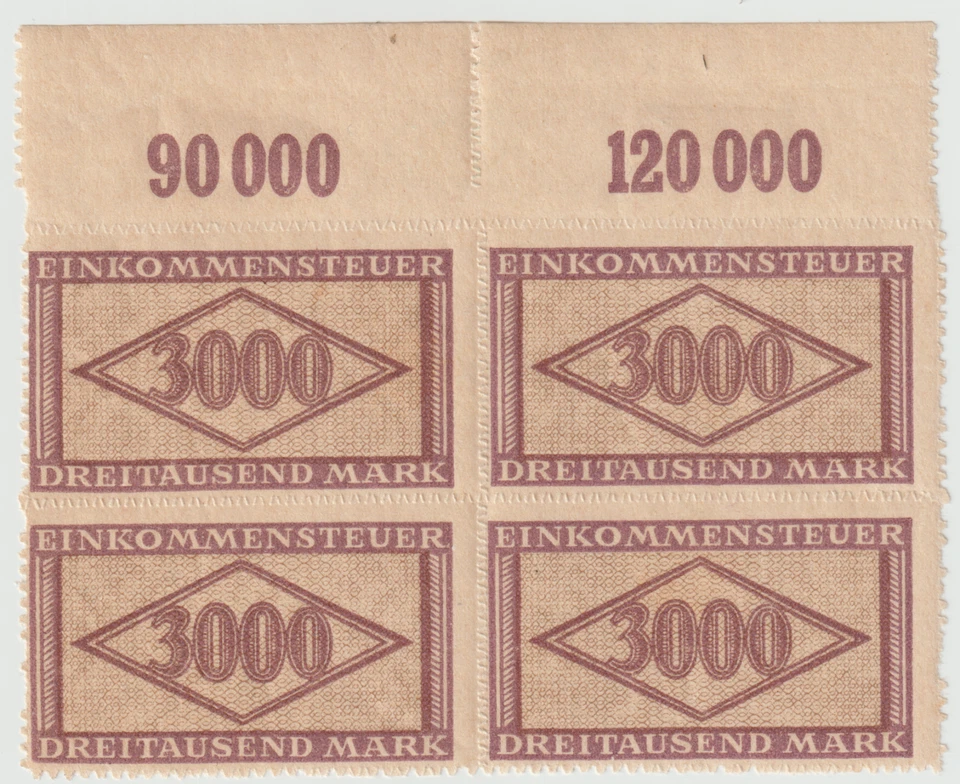 Germany 1900-20s Weimar Republic 3rd Reich 3000Mk Revenue Corner Block Of 4 MNH - Image 1 of 1