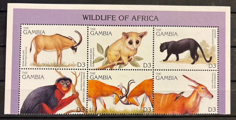 Gambia, antelope, leopard S.C.#1740 MNH Complete block  of 6  issued in 1996 - Image 1 of 1