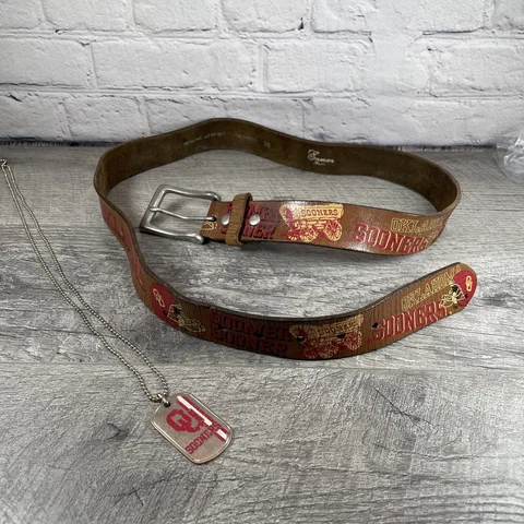 Enmon Oklahoma Sooners Vintage Leather Belt Sz 38 & Dog Tag On Bead Chain VTG Cover