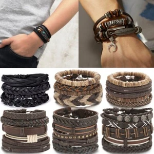 5/6pcs/set Multilayer Leather Leaf Bracelet Men Women Wristband Bangle Cuff Gift - Picture 1 of 33