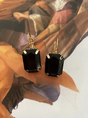 NEW Gorgeous Gold Plated BLACK GLASS Crystal Hugie Dangle Fashion  Earrings Au - image 1 of 3