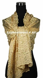 Eleganter länglicher bestickter Spitzenschal Schal Halstuch mit Pailletten, golden - Bild 1 von 6