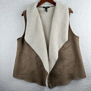 Gilet Lauren Ralph Lauren donna XL ecopelle scamosciata shearling aperto marrone drappeggiato macchie - Foto 1 di 9