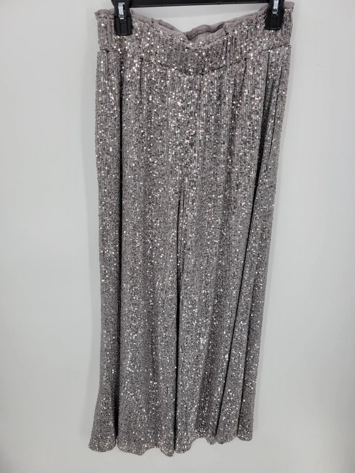 Pantalones Lulus Mujer Medianos Plateados Lentejuelas Pierna Ancha Fluidos Pull On Elegante Fiesta Foto 1 de 4