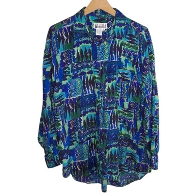 Camisa vintage City Streets azul verde estampado abstracto seda abotonada talla mediana Foto 1 de 4