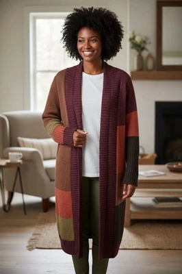 Cardigã Chico's deslumbrante cor bloqueada Biana suéter espanador tamanho 2 (18-20) lã - Imagem 1 de 4