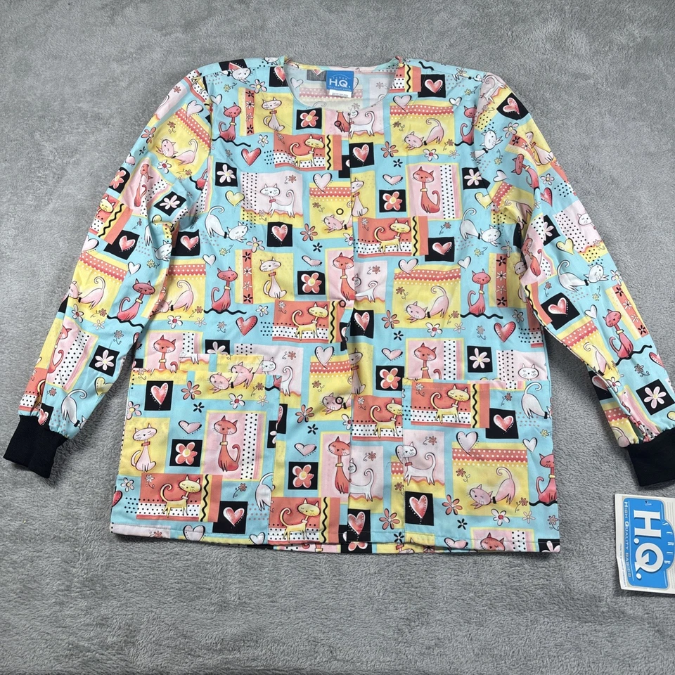 Scrub H.Q. Kittens/Cats Multicolor Long Sleeve V-Neck Scrub Top Size Small New - Image 1 of 4