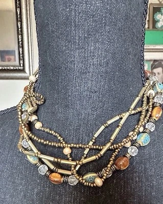 VTG Premier Design Multicolor Multi Strand Beaded Choker Boho Necklace Signed 8” - Image 1 of 4