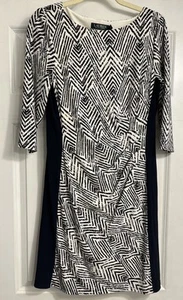 Women's Lauren Ralph Lauren Navy White Ruched Dress Size 12P Sheath Herringbone - Picture 1 of 9