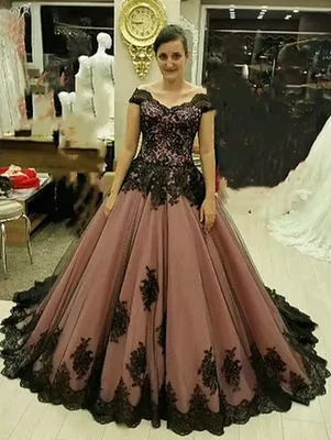 Dusty Pink And Black Gothic Wedding Dress Lace Details A Line Long Bridal Gowns - Image 1 of 4