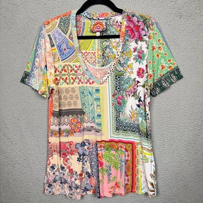 Camiseta Johnny Was Top Mujer S Multicolor Floral Manga Corta Bambú Boho Arsty Foto 1 de 4