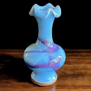 Jun Kiln Jun Ware vaso petalo increspato blu rosso forma bulbo bocciolo 6,5" vintage - Foto 1 di 10