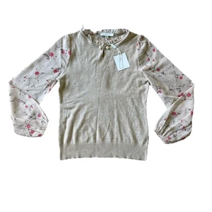 Sioni Sweater Semi Sheer Floral Sleeves Top Shirt Tan Pink Women Size Small - Picture 1 of 14