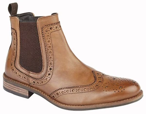 Mens Leather Brogue Boots Roamers M143BT Tan Twin Gusset Slip On Boot UK6-12 - Bild 1 von 2