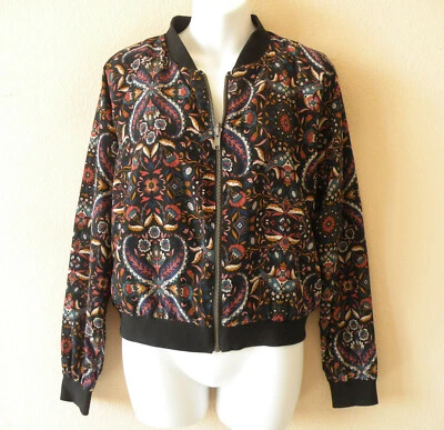Chaqueta utilitaria abstracta floral multicolor negra cremallera completa abrigo manga larga Foto 1 de 4