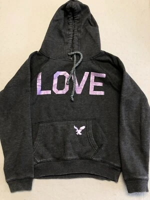 American Eagle Sweatshirt Women's Small LOVE Logo Gray Fleece Hoodie - Image 1 of 4