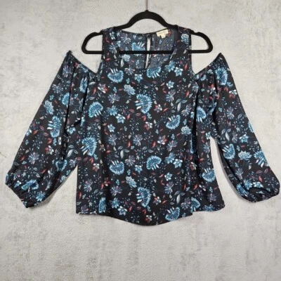 Lily White Cold Shoulder Keyhole Back Blouse Black  Floral Long Slv Size L NWOT  - Image 1 of 4