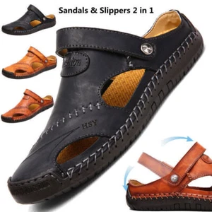 Summer Sandals Men's Leather Sandals Beach Shoes Outdoor Sandals Home Slippers - Picture 1 of 14