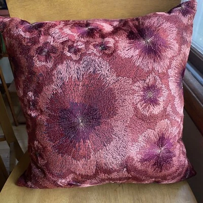 CRATE & BARREL Embroidered Brera Floral Pillow Zipper Burgundy 20 X 20” - Image 1 of 4