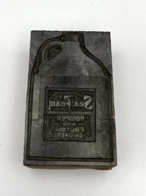 古董海泡沫理发瓶广告木质金属印刷压块 — 第 1/4 张图片