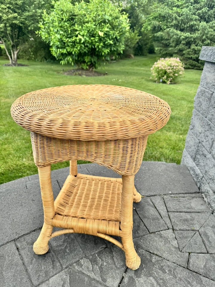 Vintage Wicker Round End Table Accent Side Plant Table Stand Two Tier H23xD21” - Image 1 of 4