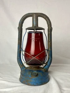 DIETZ Vintage MONARCH Lantern, Red Fitzall Globe.  Blue Factory Paint. Tubular - Picture 1 of 8