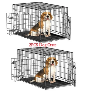 2PCS 36" Dog Crate Kennel Folding Metal Pet Cage 2 Door With Tray Pan Black - Picture 1 of 24