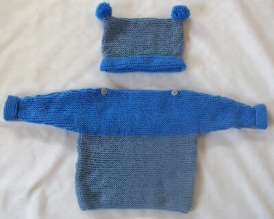 Handmade baby Jumper and hat 6-12 month size blue + grey - Image 1 of 2