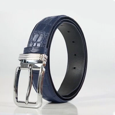 Cinturón de hombre azul marino de cuero de cocodrilo real con hebilla de acero inoxidable de 1,5" W Foto 1 de 4