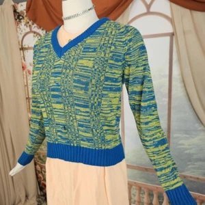 Vintage Blue and Yellow Abstract Striped Sweater 1960s 1970s Long Sleeve - Picture 1 of 8