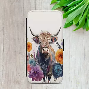 FLIP CASE FOR IPHONE SAMSUNG HUAWEI HIGHLAND COW PEONY GIFT WALLET PHONE COVER - Picture 1 of 11