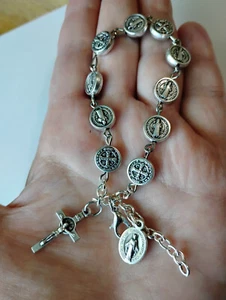 Silver St Benedict medal Rosary Bracelet Miraculous Crucifix Italy Handmade - Picture 1 of 6