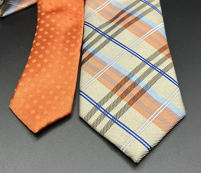 非常 Perry Ellis 100% 真丝领带 ~ 橙色和蓝色格子圆点 ~ 59 英寸 x 3 — 第 1/4 张图片