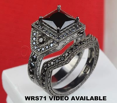  PRINCESS BLACK RHODIUM 925 STERLING SILVER ENGAGEMENT WEDDING CZ RING SET - Image 1 of 4