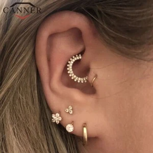 Zircon Round Stud Earrings - 925 Sterling Silver Nose Piercing Cartilage Earring - Picture 1 of 25