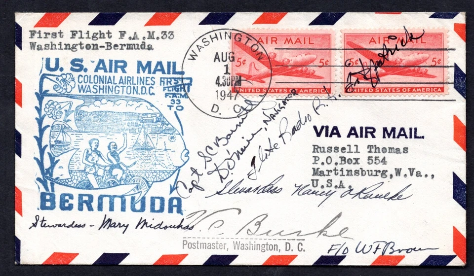 US BERMUDA 1947 FIRST FLIGHT F.A.M. 33 ON COLONIAL AIRLINES TO HAMILTON SIGNED - Image 1 of 2