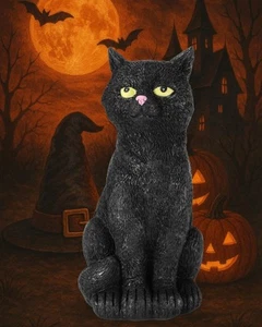 Black Cat Figurine with Glow-in-The-Dark Eyes - 7.3" Spooky Resin Halloween D... - Picture 1 of 7