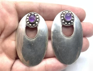 Vintage Bali 925 Sterling Silver Amethyst Stone Large Drop Stud Earrings ~ 8.2g - Picture 1 of 6
