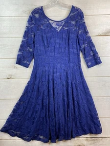 JASAMBAC Lace Dress L Blue 3/4 Sleeve A Line Scoop Neck Evening Party Cocktail - Picture 1 of 12