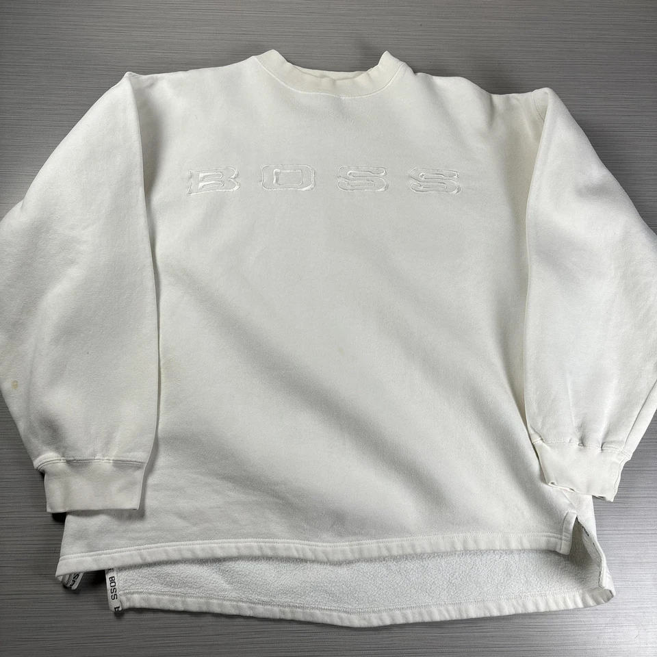 BOSS Hugo Boss Sweatshirt Mens Large White Embroidered Spell Out Logo Pullover - Image 1 of 4