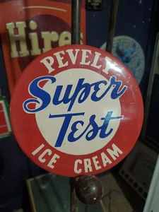 PEVELY SUPER TEST ICE CREAM Sign Old Red White Blue Americana Button Design 6" - Picture 1 of 4