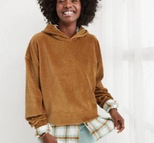 Aerie Groove On Velour Hoodie XS Brown Corduroy Pullover Oversized - Picture 1 of 8