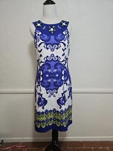 Jessica Howard Sz 6 Sheath Dress Linen Blend Blue Floral Knee Length w/ Beading - Picture 1 of 14