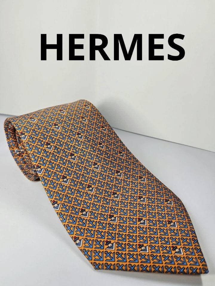 New Unused HERMES Neck Tie Orange Blue Scallion 100%Silk Made in France - Image 1 of 4