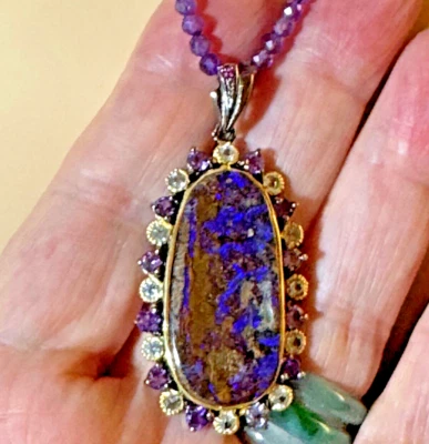 30 ct Natural Boulder Opal Pendant Amethyst Chain 925 Sterling Silver Necklace - Image 1 of 4