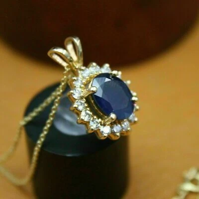 3.50Ct Lab Created Oval Blue Sapphire Drop & Dangle Halo Pendant 14K Yellow Gold - Image 1 of 4
