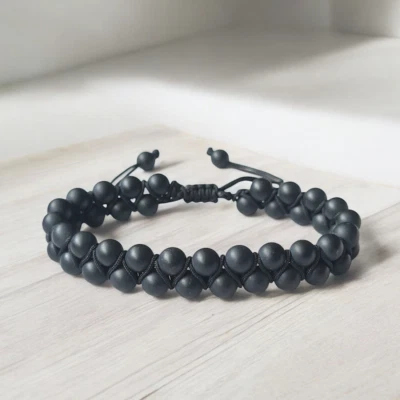 Pulsera de ágata negra esmerilada pulseras de piedra de nacimiento de mayo regalo cuentas 6 mm trenzado Foto 1 de 3