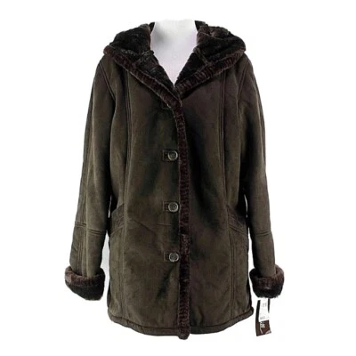 Abrigo Chaqueta Big Chill NUEVO $160 Talla S Marrón Poliéster Piel Sintética Forrado con Capucha Foto 1 de 4